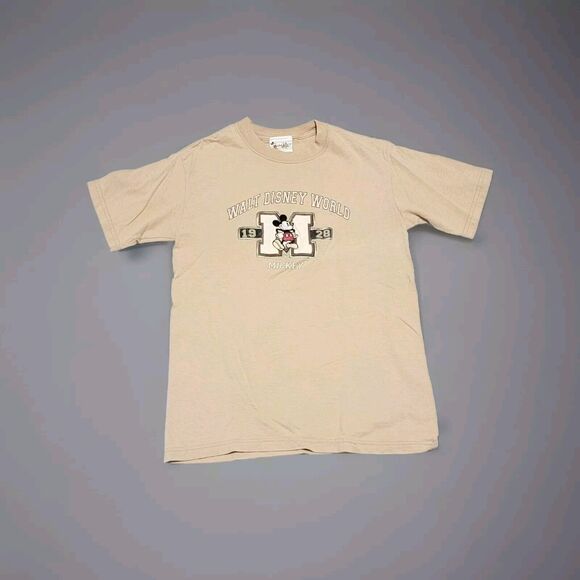 Walt Disney 1928 World Mickey Mouse T Shirt Embroidered Tan Beige Small - Picture 1 of 5